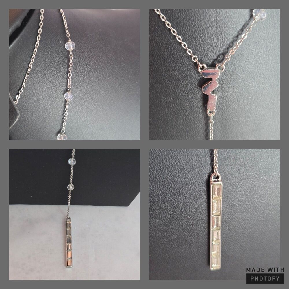 LOFT Long Silver Tone Y Drop Lariat Necklace Baguette Rhinestone Bar Station 937